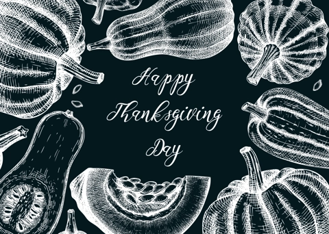 Sketched pumpkin illustrations on chalkboard. Thanksgiving day background. Autumn food drawings. Vector vegetables, butternut squash, marrow, pumpkin slice sketches. Fall Harvest festival frame